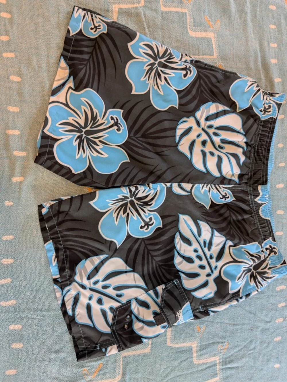 Speedo Swim Trunks Mens Medium Black w/ Blue Tropical Flowers